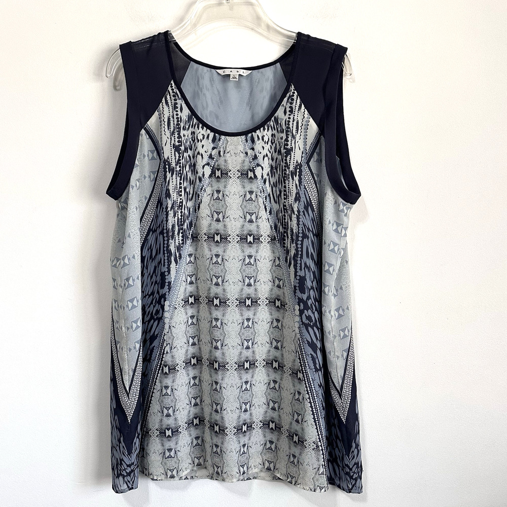 CAbi‎ 253 Mixed Print Gray Blue Sleeveless Top Blouse L Layer Summer Lightweight